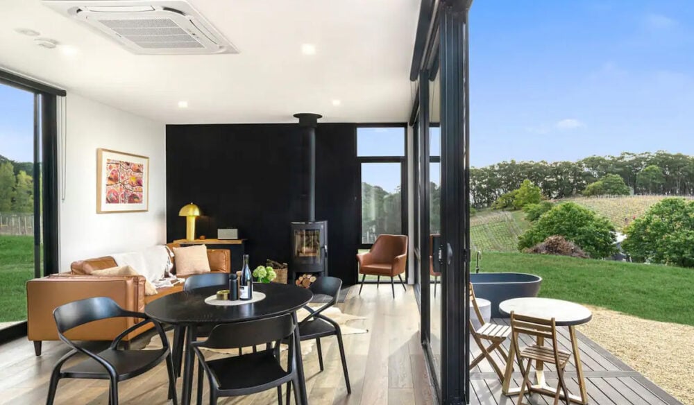 the interior of Espira Airbnb in Adelaide Hills with floor-to-ceiling windows