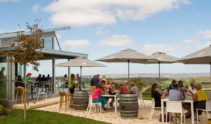 al fresco dining under umbrellas at Pike and Joyce, Lenswood