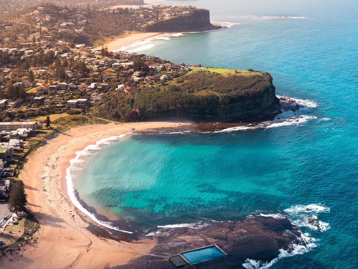 scenic coastal views of Mona Vale Beach across Basin Beach and Bungan Beach