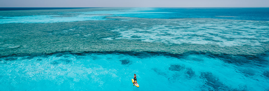 Man on SUP in Rowley Shoals Marine Park,